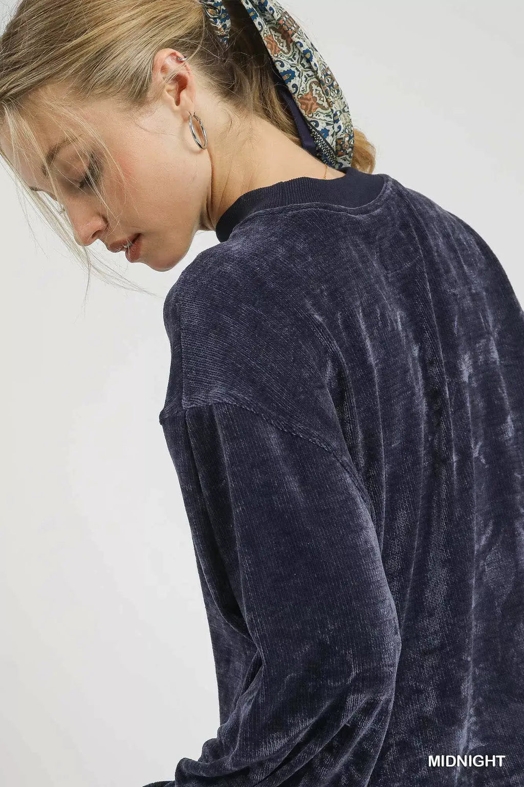 Umgee Velour Crewneck Balloon Sleeve Sweatshirt