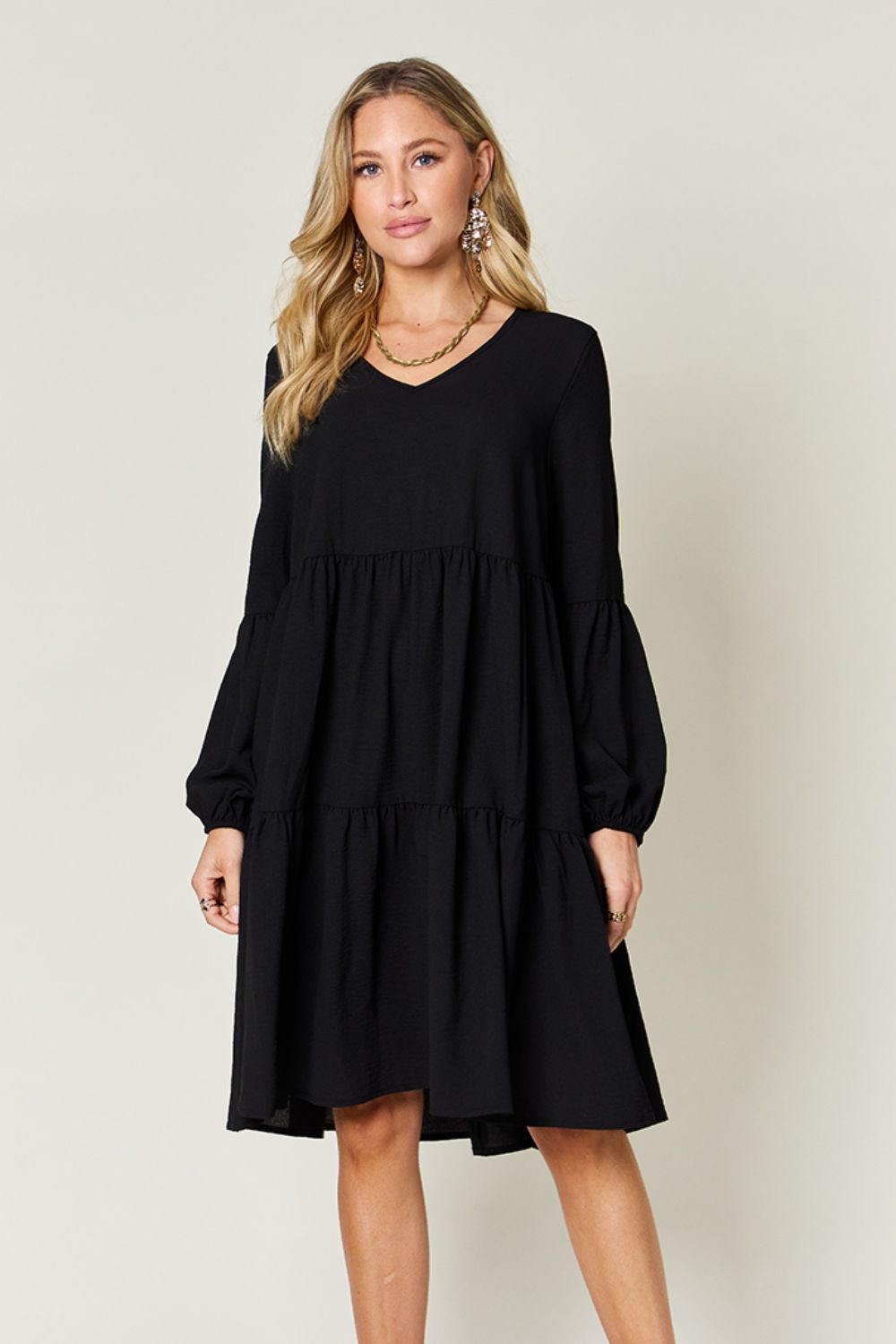 Double Take Full Size V-Neck Balloon Sleeve Tiered Dress with Pockets - felvior