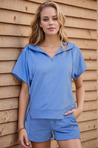 Drawstring Zipped Short Sleeve Hoodie and Shorts Set