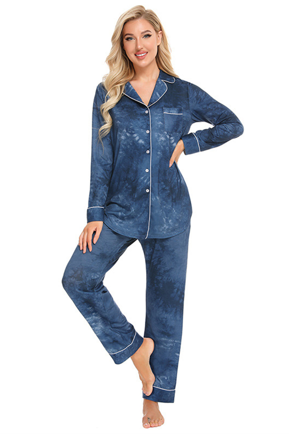 Collared Neck Long Sleeve Loungewear Set with Pockets - felvior