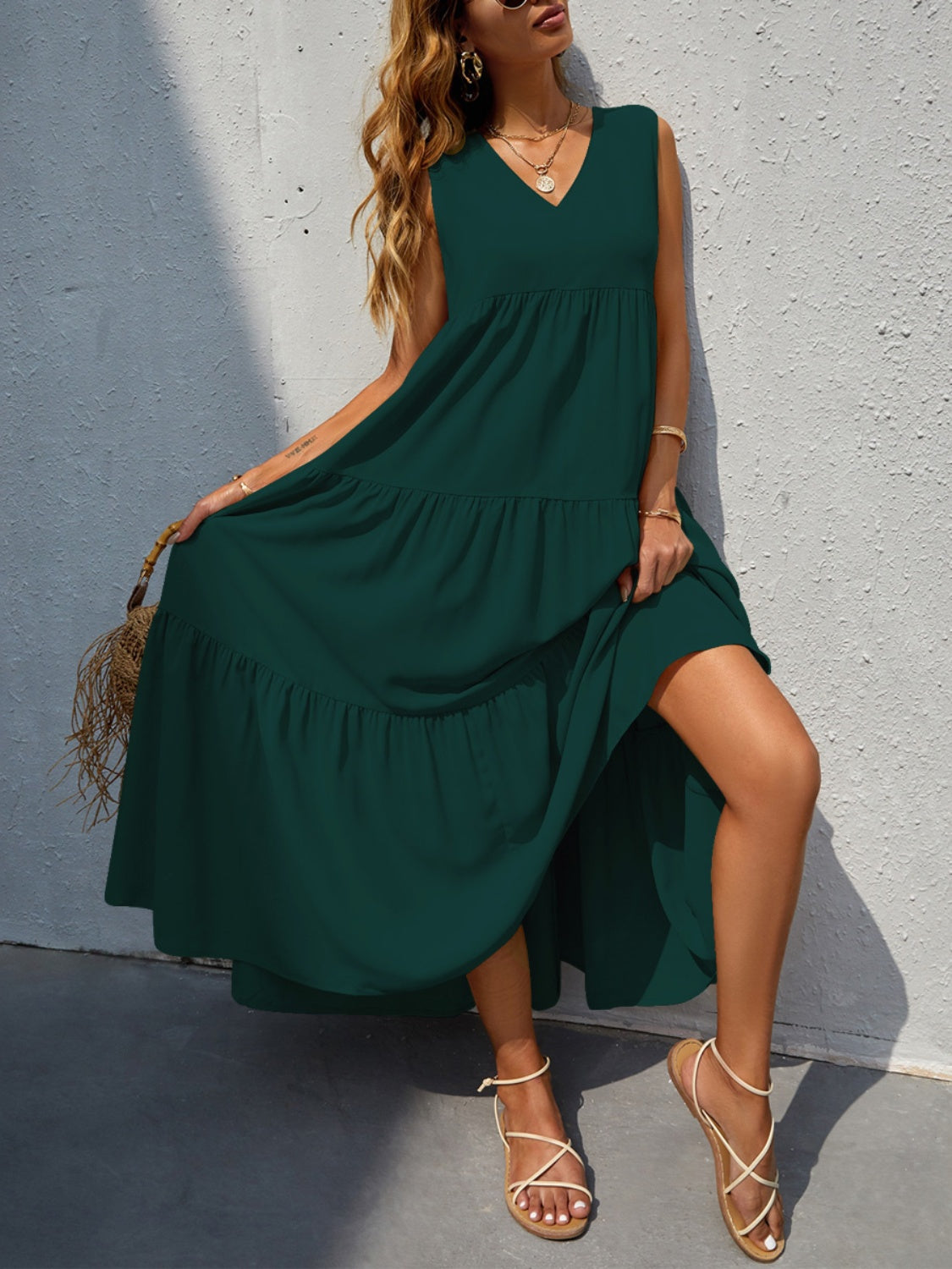 FAM-FAM Tiered V-Neck Sleeveless Dress - felvior