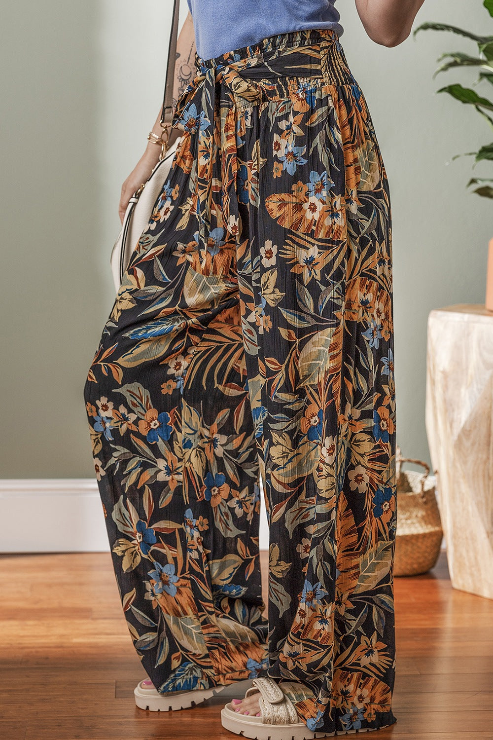 Floral Shirred High Waist Wide Leg Pants with Tie