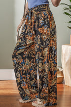 Floral Shirred High Waist Wide Leg Pants with Tie