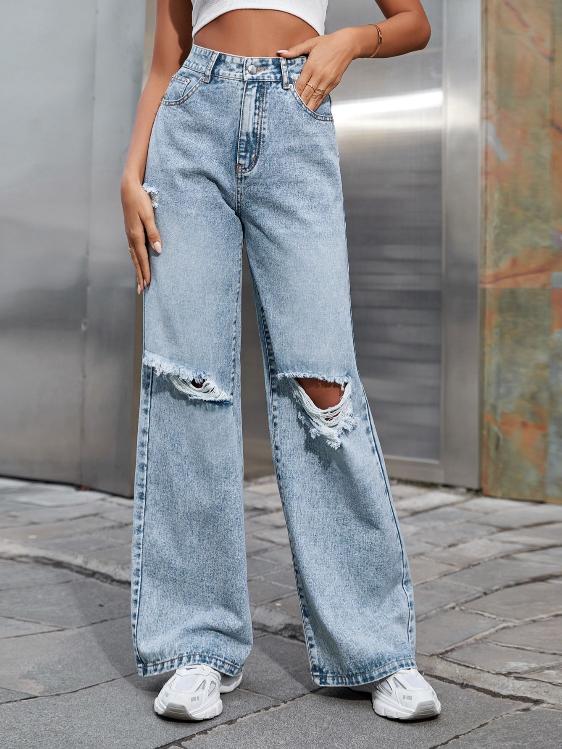 Distressed Wide Leg Jeans with Pockets Hauptbild
