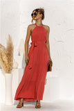 Halter Neck Tie Waist Tiered Maxi Dress - felvior