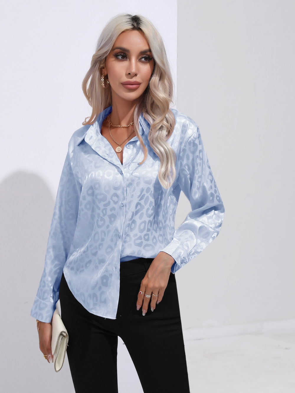 Leopard Collared Neck Long Sleeve Shirt