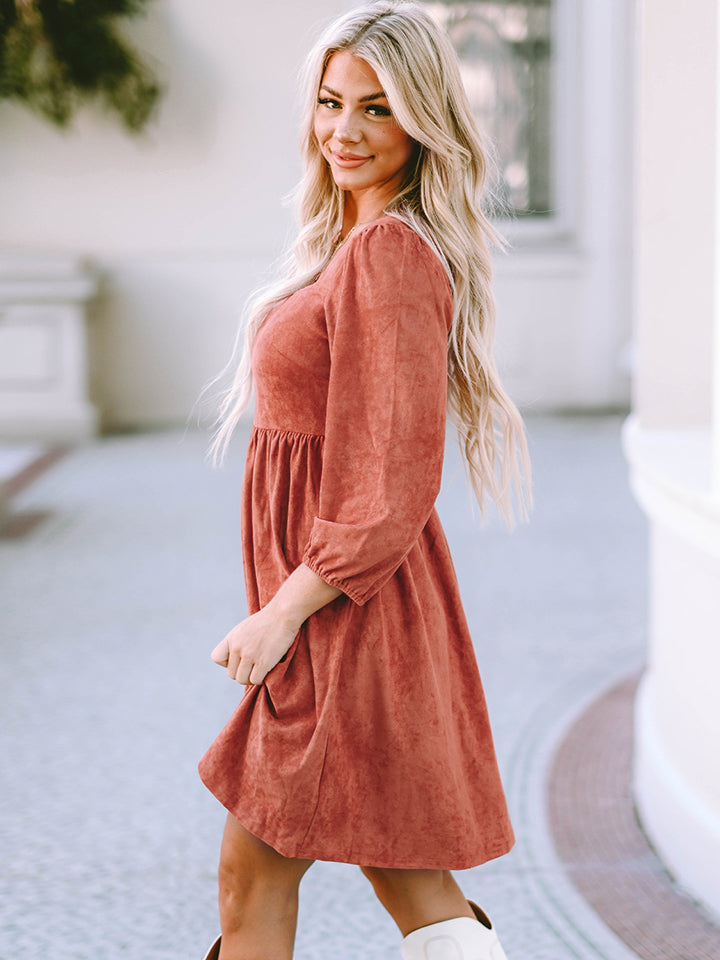 Square Neck Three-Quarter Sleeve Mini Dress - felvior