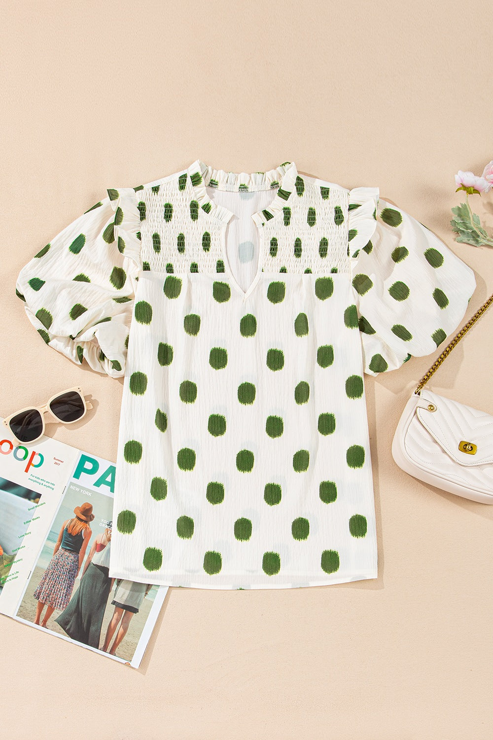 Polka Dot Shirred Yoke Notched Neck Puff Sleeve Blouse - felvior