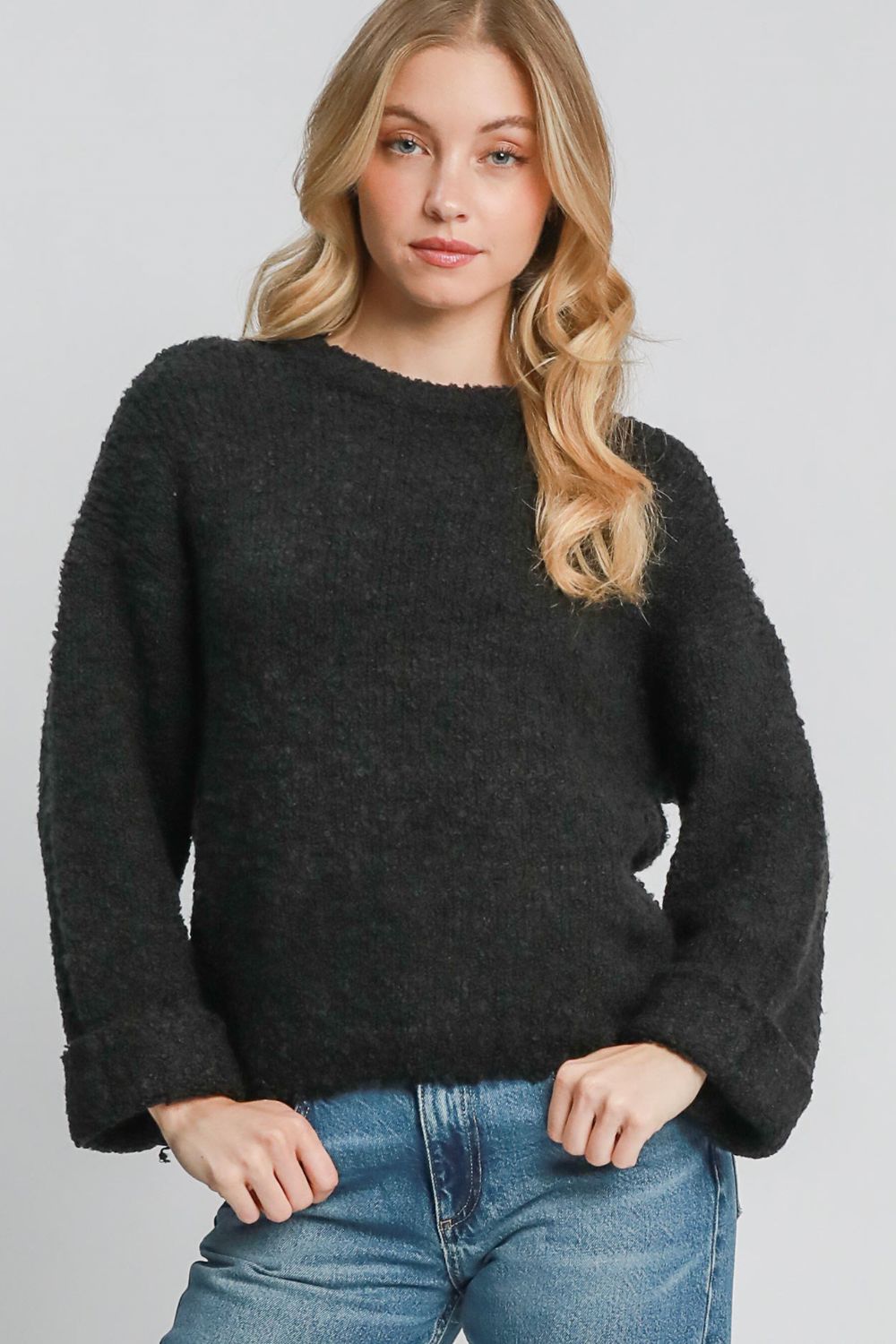 Umgee Full Size Round Neck Long Sleeve Boucle Sweater Plus Size - felvior