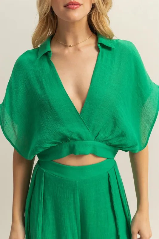 HYFVE Kimono Sleeve Crop Top and Wide Leg Pants Set - felvior