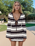 Wavy Striped Tied Front Long Sleeve Cover-Up Dress - felvior