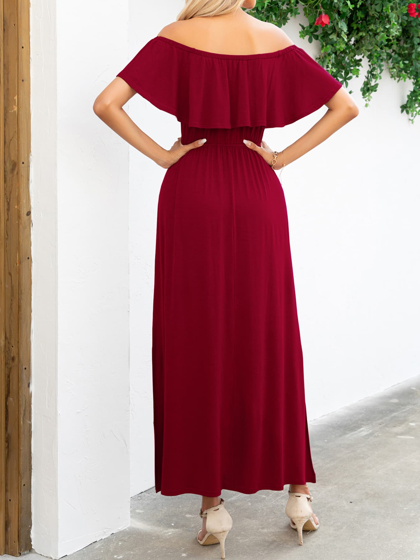 Off-Shoulder Slit Maxi Dress - felvior