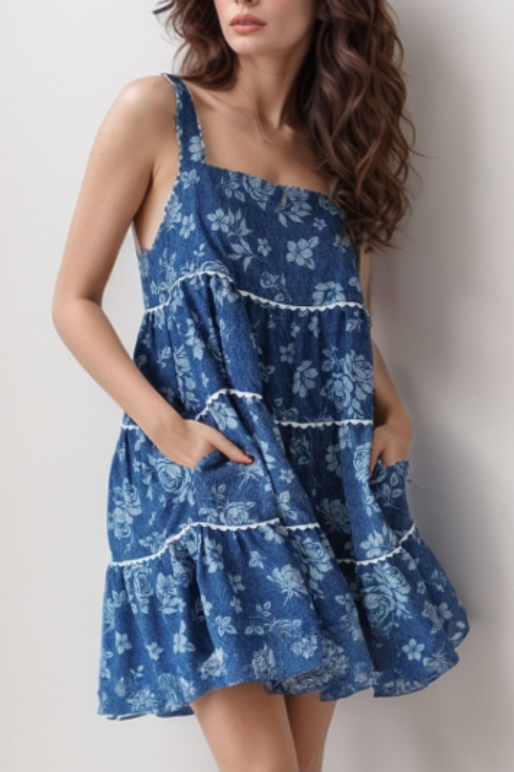 Floral Tiered Square Neck Denim Dress - felvior