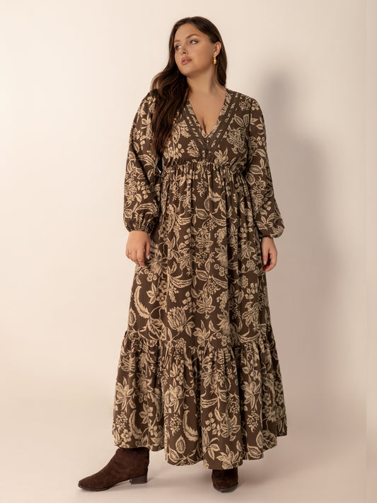 Plus Size Printed V-Neck Balloon Sleeve Maxi Dress - felvior