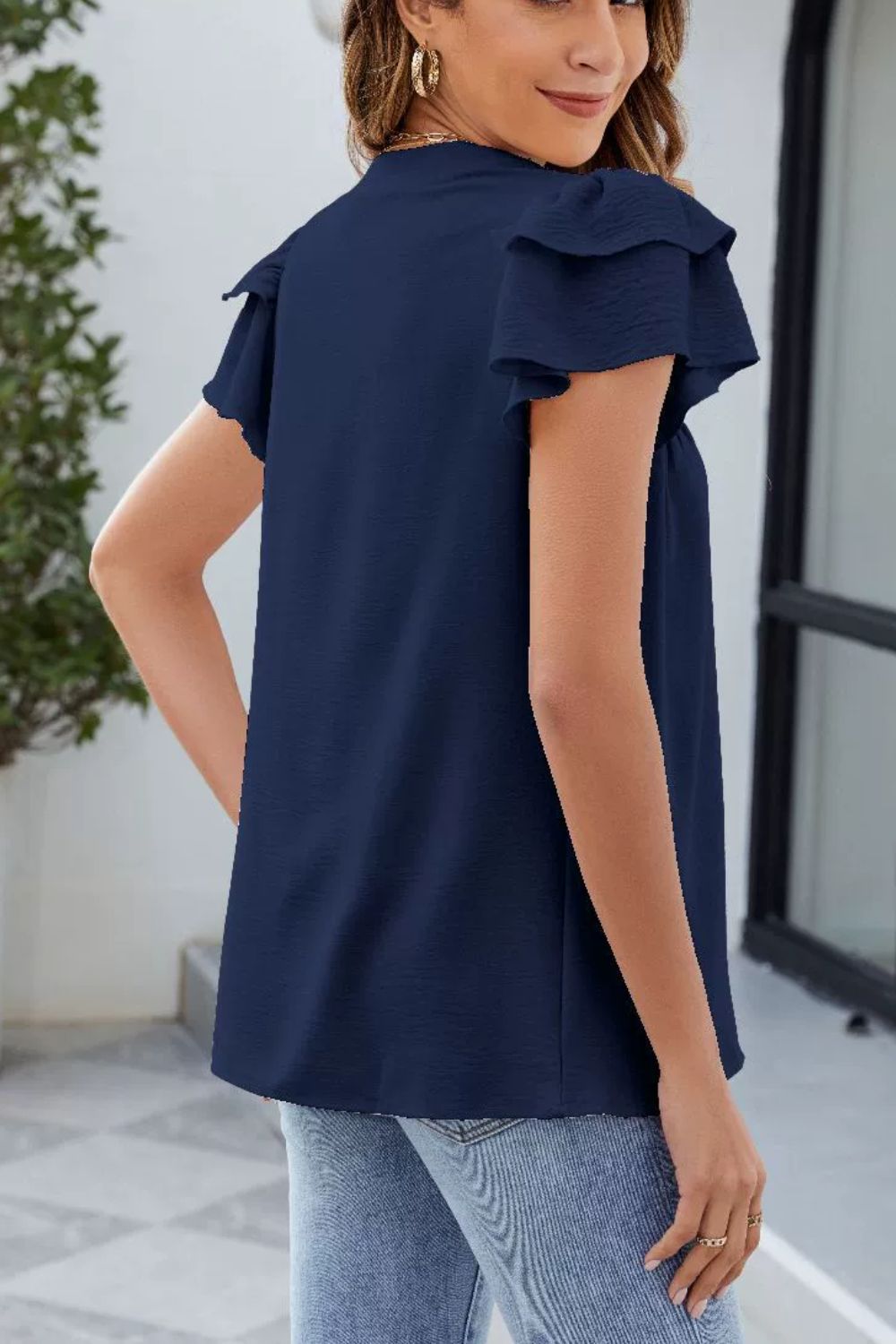 Ruffled Notched Short Sleeve Blouse - felvior