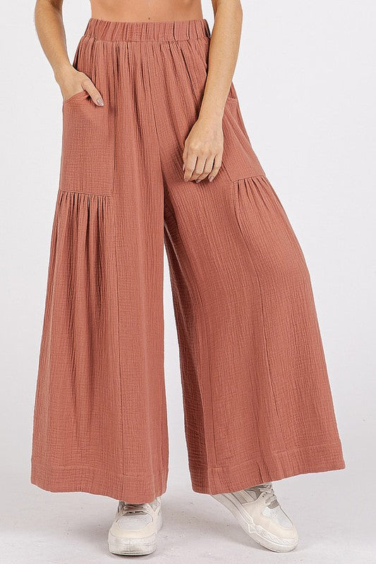 Mittoshop Gauze Elastic Waist Pleated Wide Leg Pants - felvior