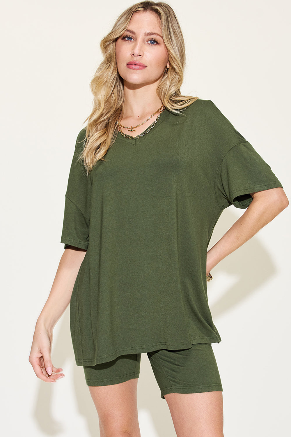Basic Bae Full Size V-Neck Drop Shoulder T-Shirt and Shorts Set - felvior
