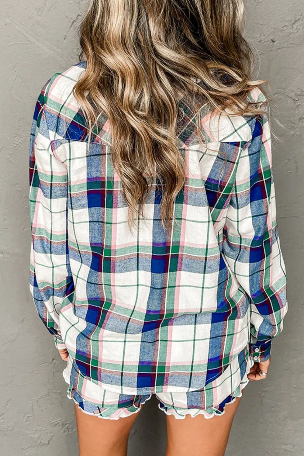 Plaid Snap Down Long Sleeve Top and Shorts Lounge Set Secondary image
