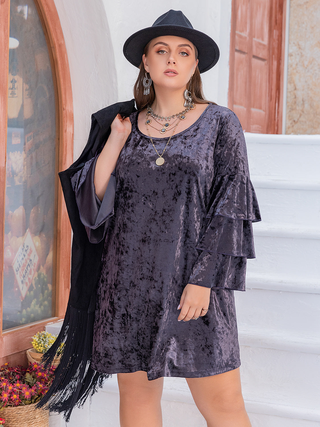 Plus Size Round Neck Flounce Sleeve Mini Dress - felvior