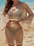 Full Size Openwork Flare Sleeve Top and Skirt Cover Up Set - felvior
