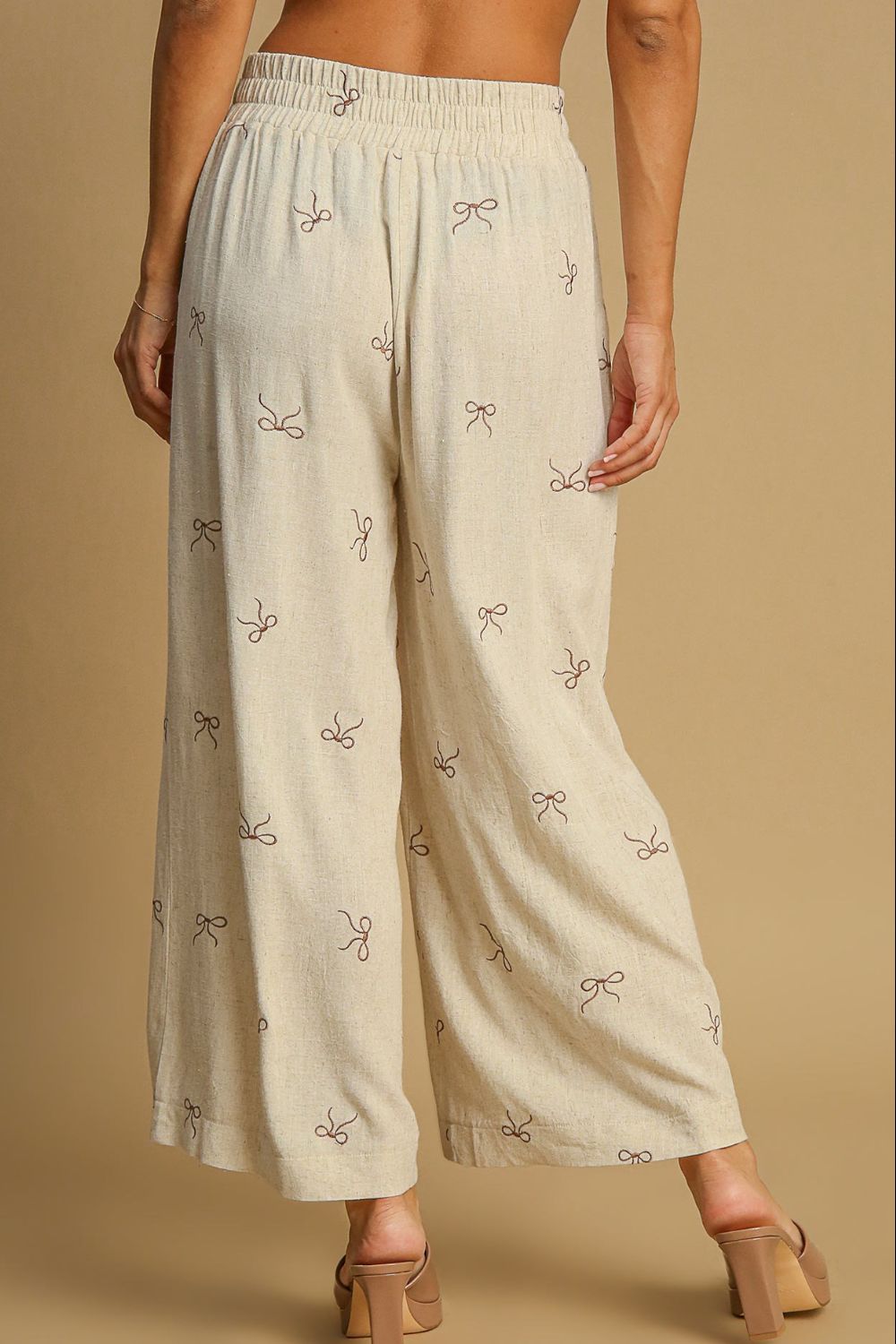 Umgee Full Size Lace Drawstring Embroidered Bow Wide Leg Pants Plus Size