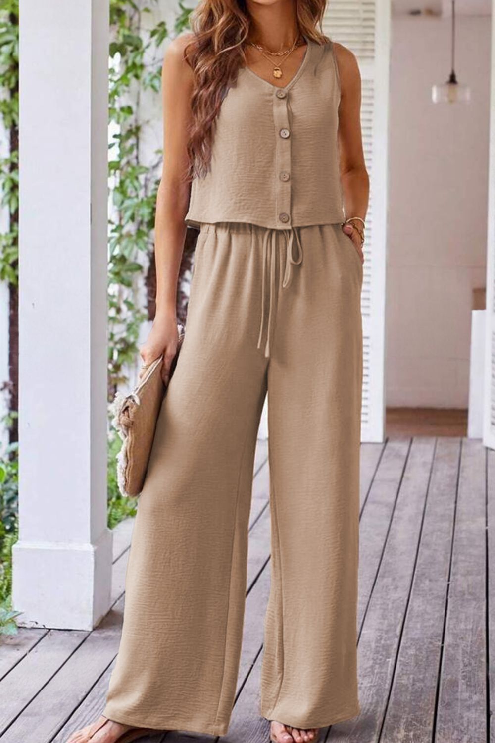 Button Down Vest and Drawstring Wide Leg Pants Set