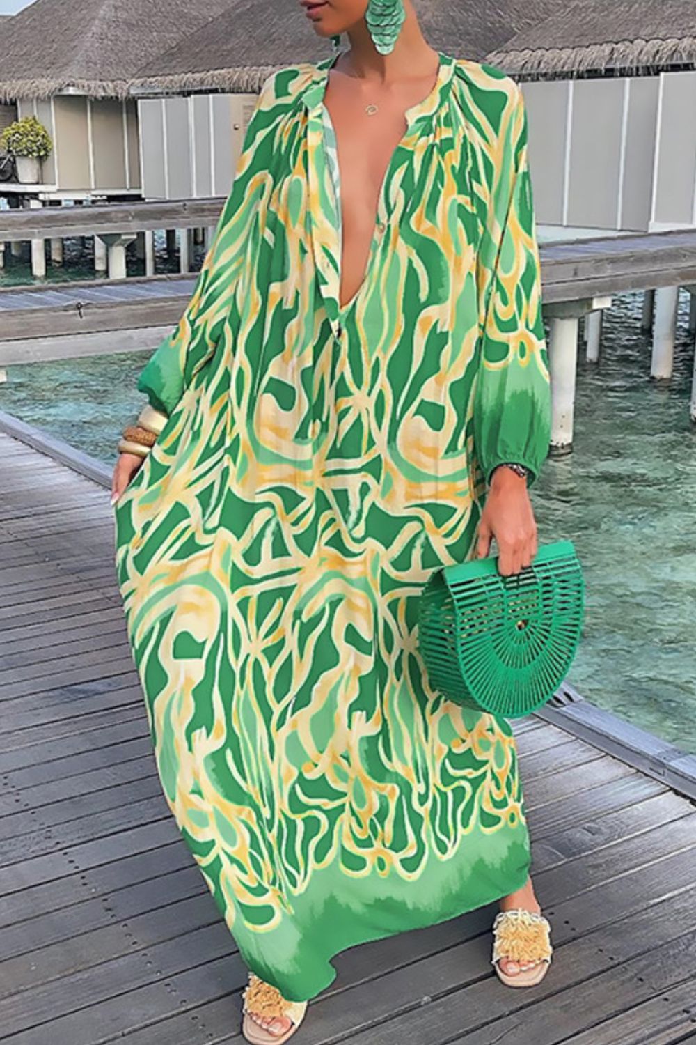 Abstract Print Buttoned Balloon Sleeve Dress - felvior