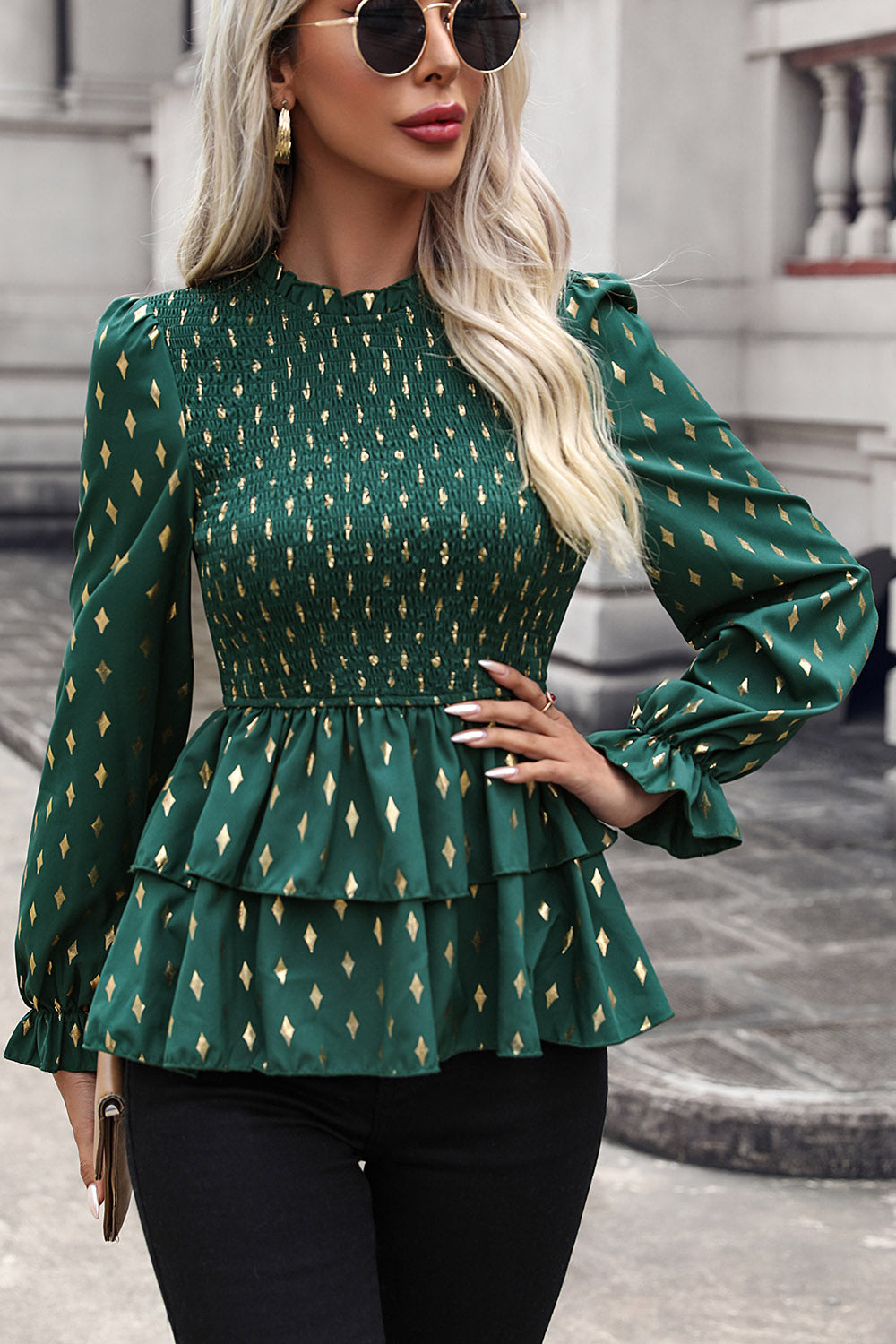 Perfee Smocked Flounce Sleeve Layered Blouse - felvior