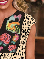 Full Size Leopard Floral Notched Cap Sleeve Blouse Plus Size