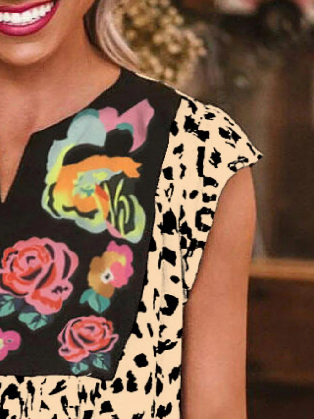 Full Size Leopard Floral Notched Cap Sleeve Blouse Plus Size