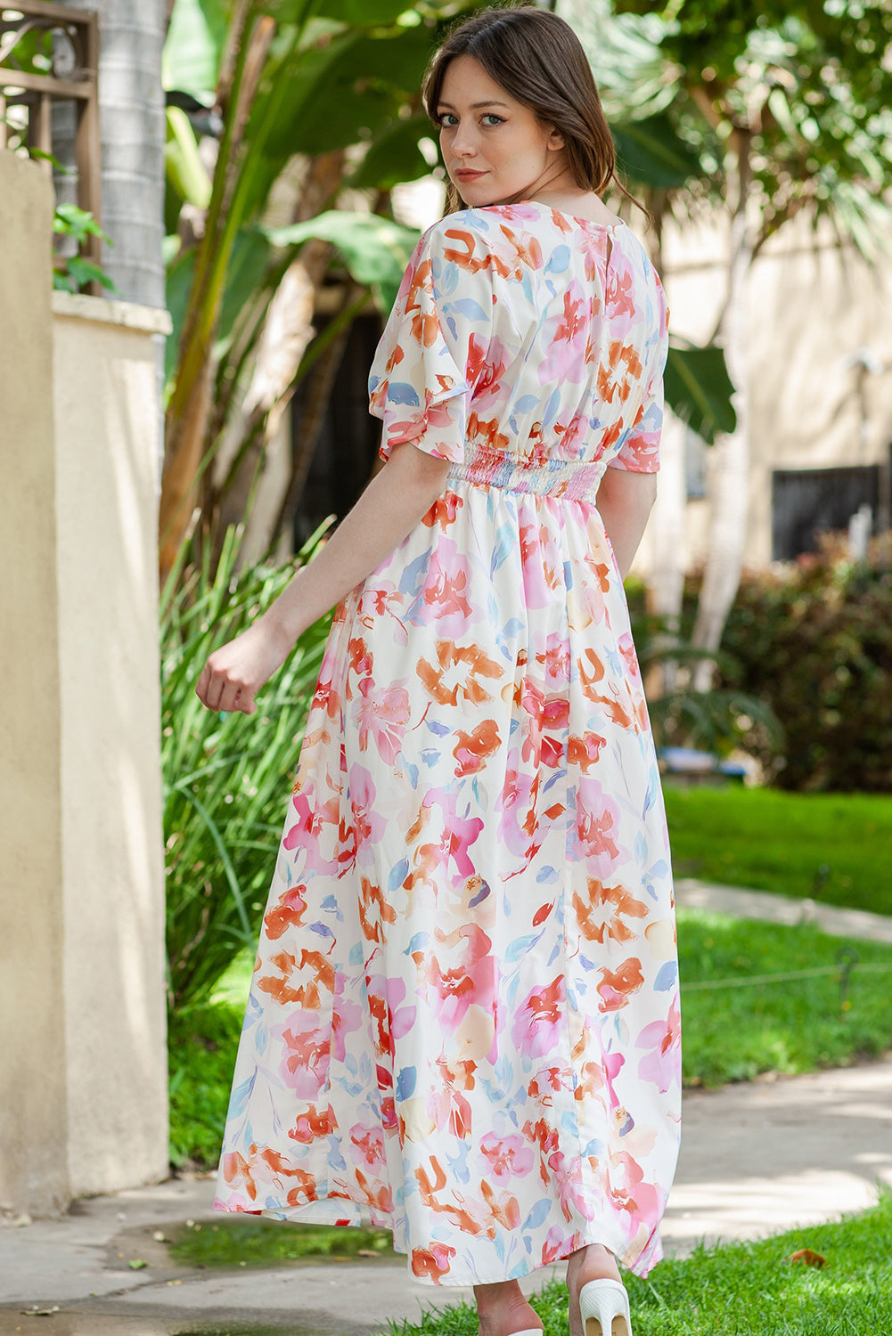 Floral Deep V Slit Maxi Dress - felvior