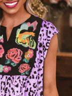 Full Size Leopard Floral Notched Cap Sleeve Blouse Plus Size