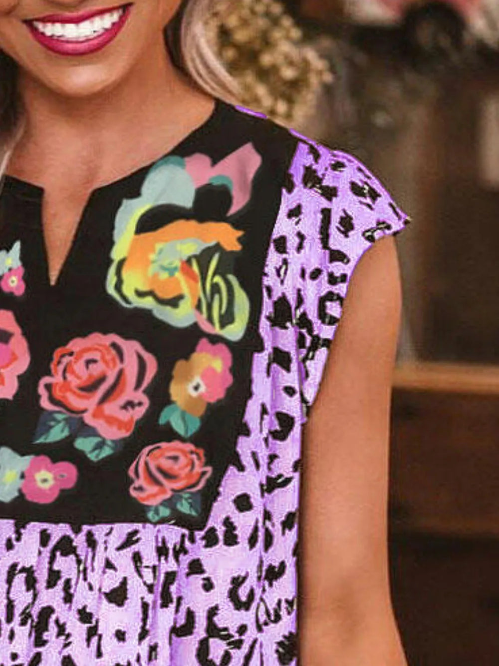 Full Size Leopard Floral Notched Cap Sleeve Blouse Plus Size