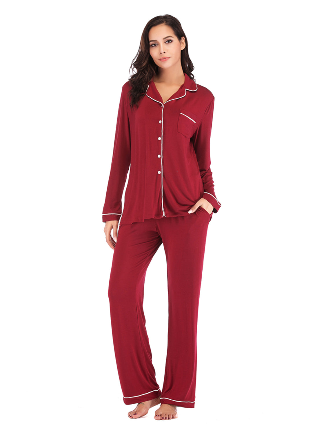 Collared Neck Long Sleeve Loungewear Set with Pockets - felvior