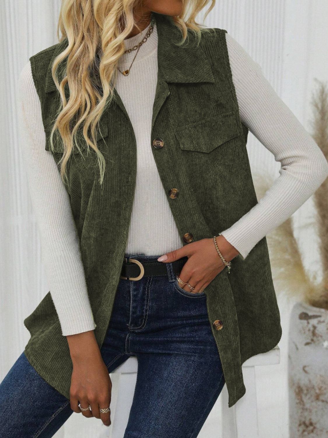 Button Up Collared Neck Vest Coat - felvior
