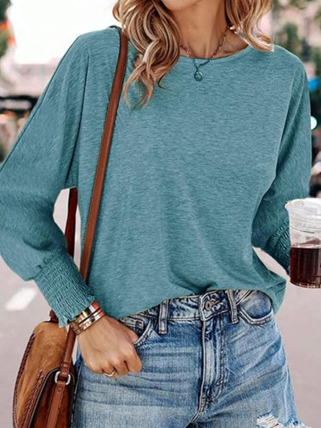 Round Neck Smocked Lantern Sleeve T-Shirt - felvior