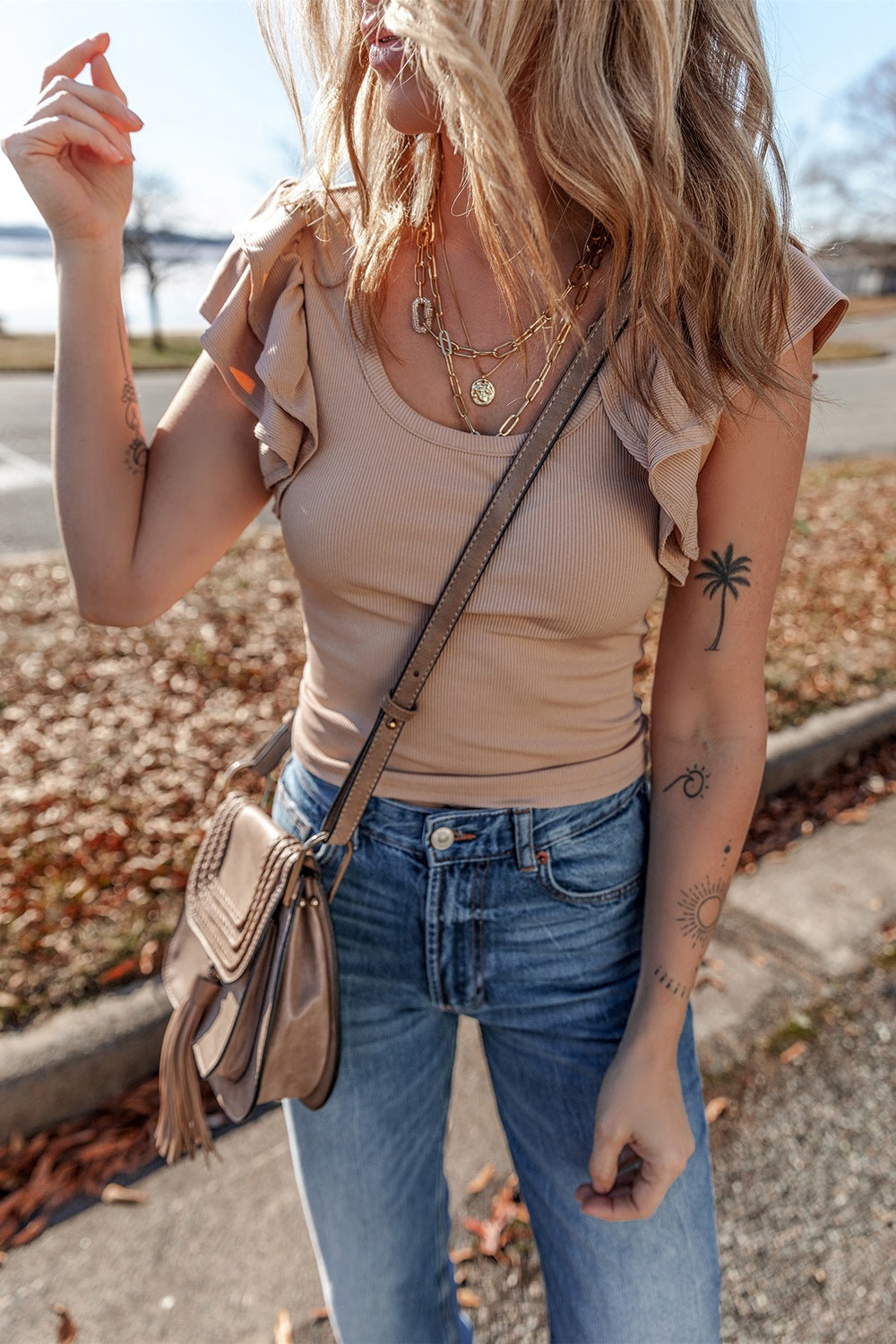 Ribbed Knit Ruffled Cap Sleeve Slim Fit Top