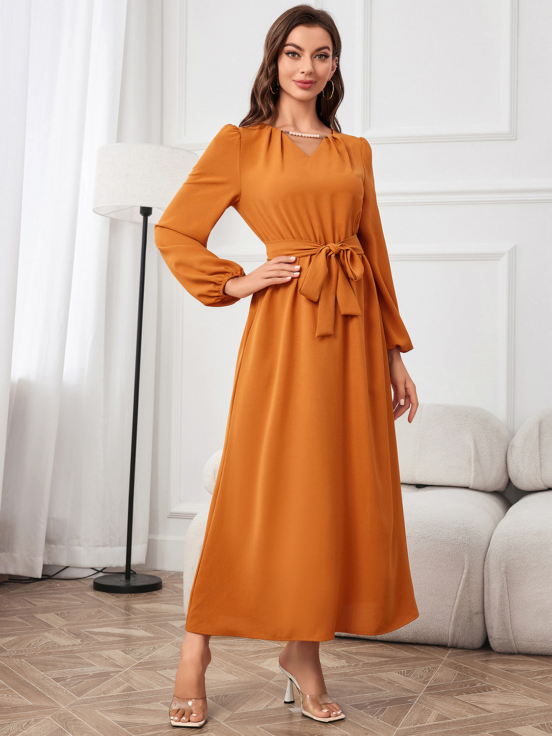 Tie Waist Puff Sleeve Maxi Dress - felvior