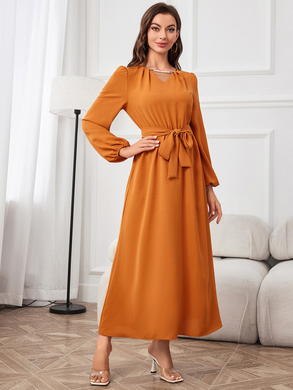 Tie Waist Puff Sleeve Maxi Dress - felvior