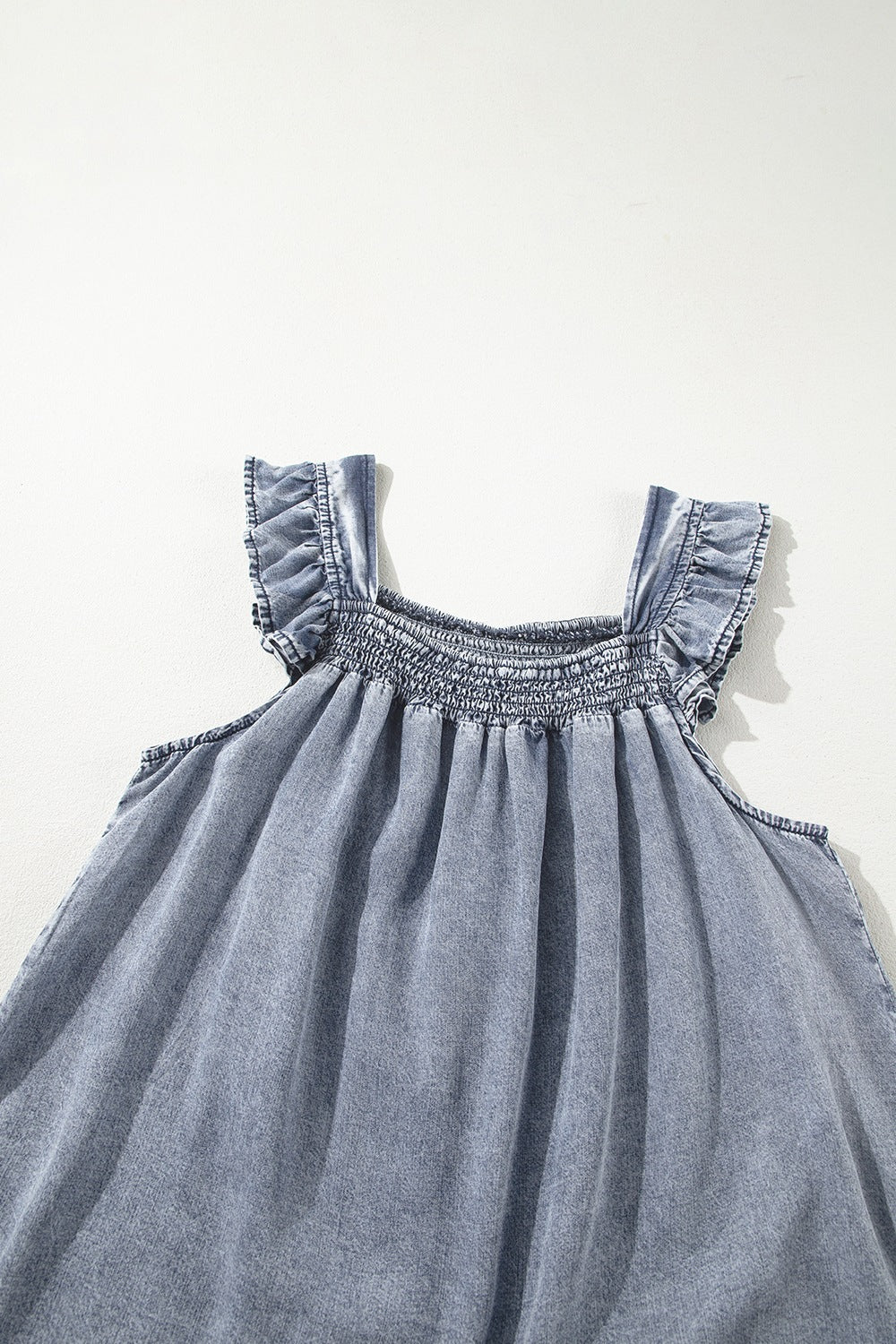 Ruffled Shirred Denim Top