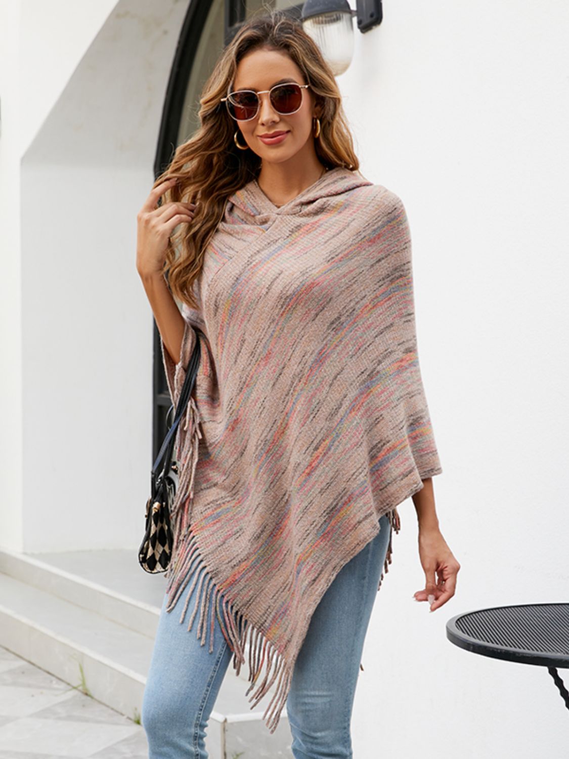 Fringe Hem Hooded Poncho - felvior