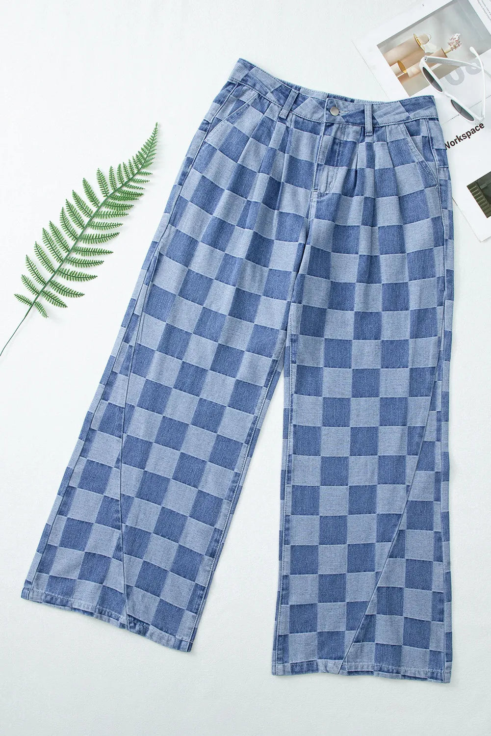 Checkered Wide Leg Jeans with Pockets - felvior