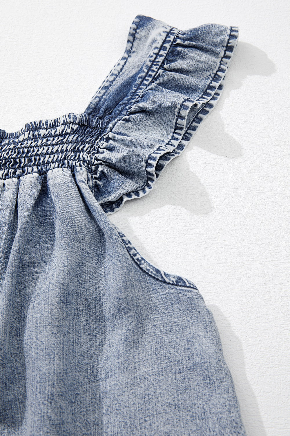 Ruffled Shirred Denim Top