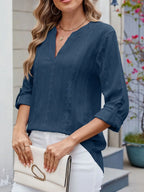 Eyelet Notched Roll-Tab Sleeve Top