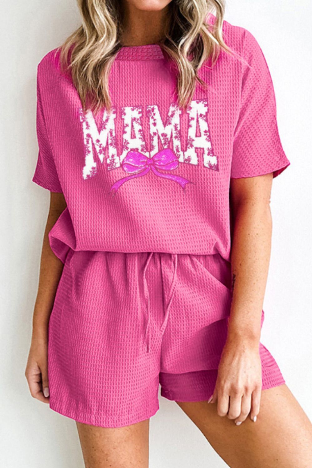 Waffle Sequin Floral MAMA Bow Graphic Top and Shorts Set