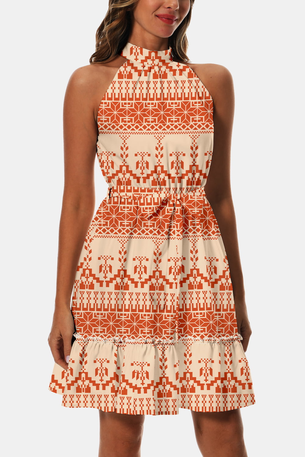 Printed Tie Waist Frill Trim Dress - felvior