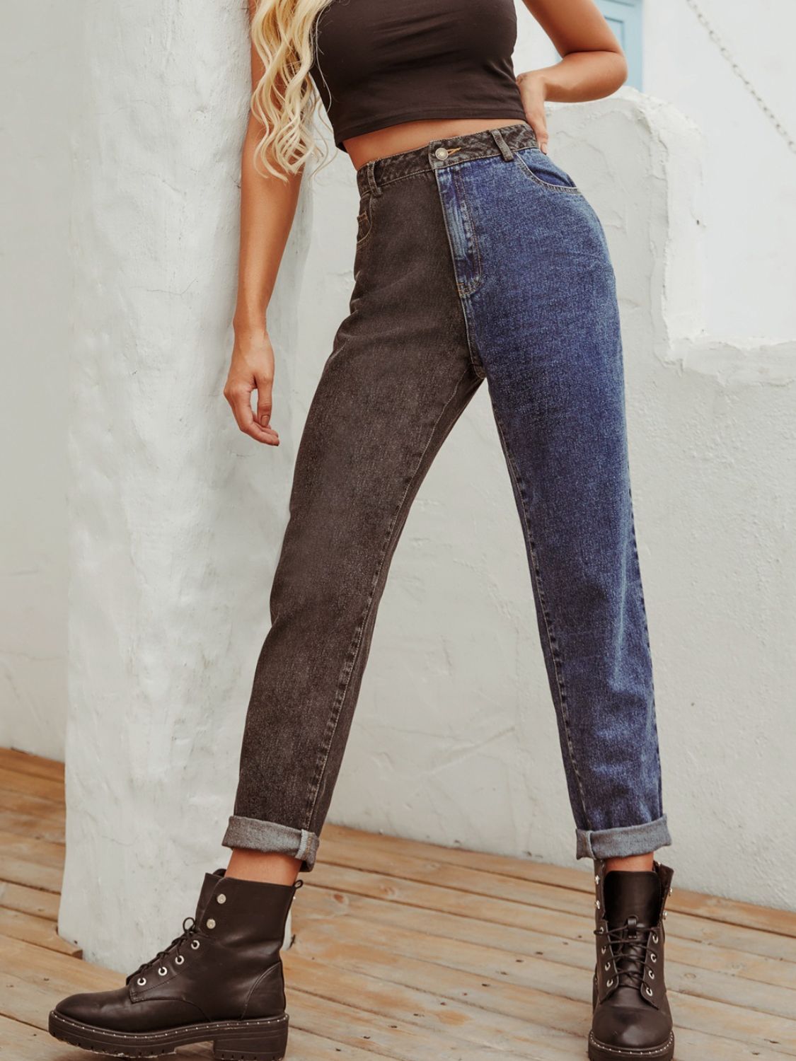 Two Tone Straight Leg Jeans - felvior