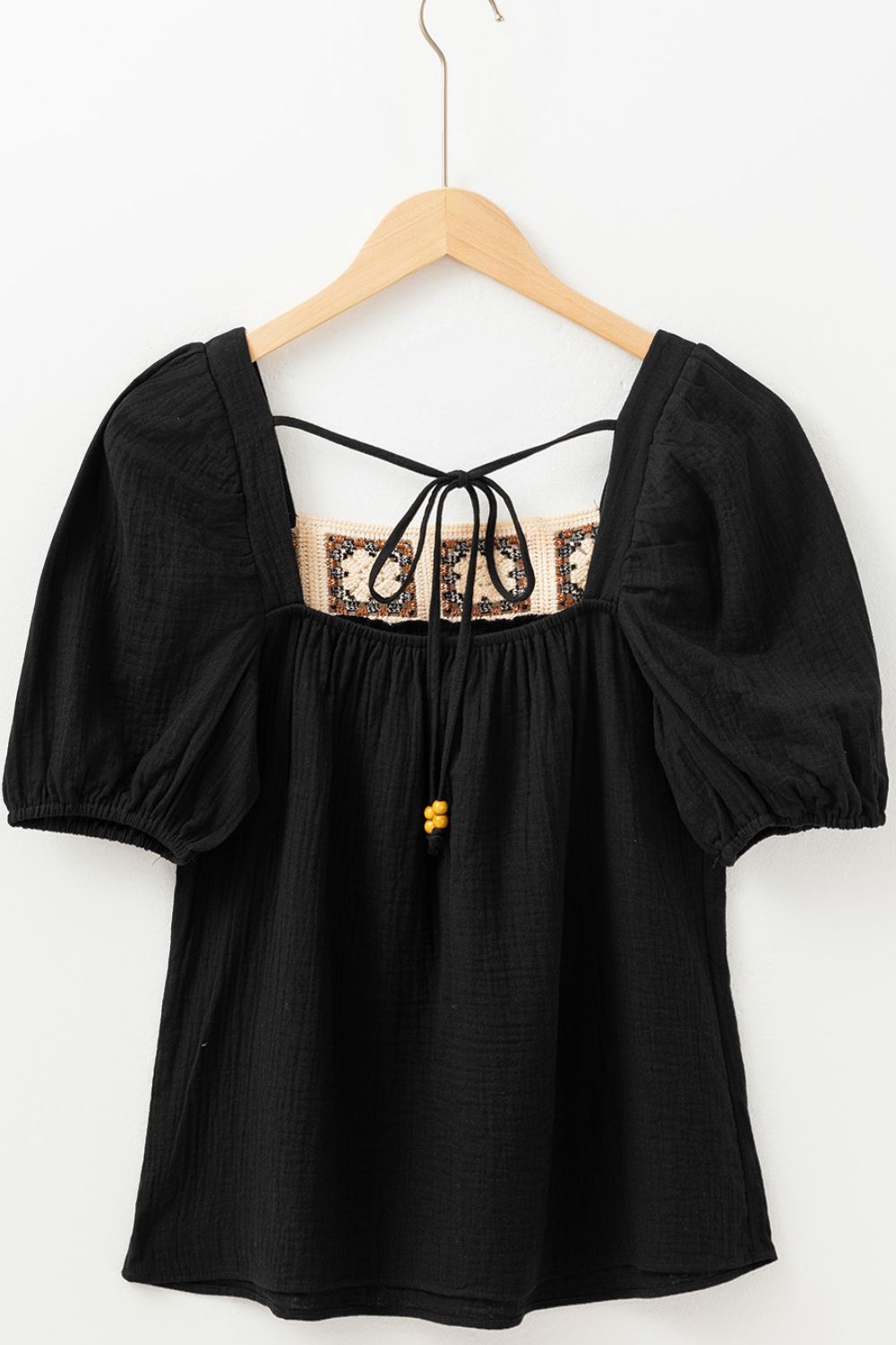 Flower Crochet Square Neck Puff Sleeve Blouse - felvior