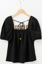 Flower Crochet Square Neck Puff Sleeve Blouse