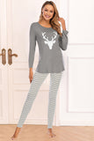 Graphic Round Neck Top and Striped Pants Set - felvior
